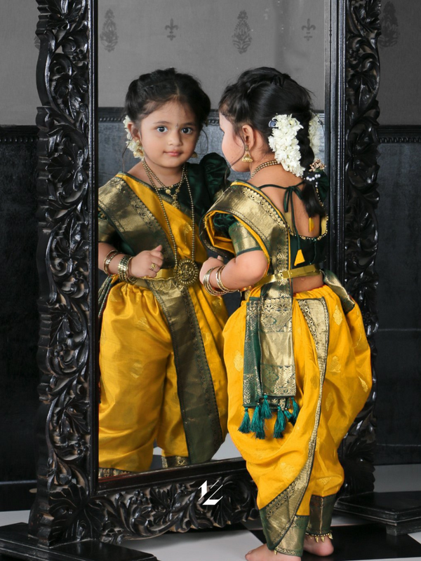 Half Scale Green and Mango Yellow Nauvari Saree | Kids Clothing