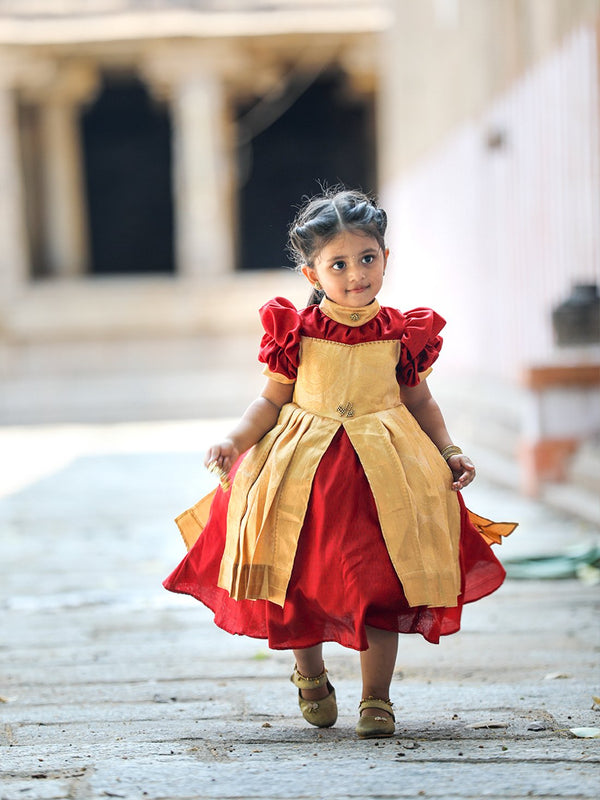 Carmine and Biege Pure Kanchipuram Silk Gown | Kids Clothing