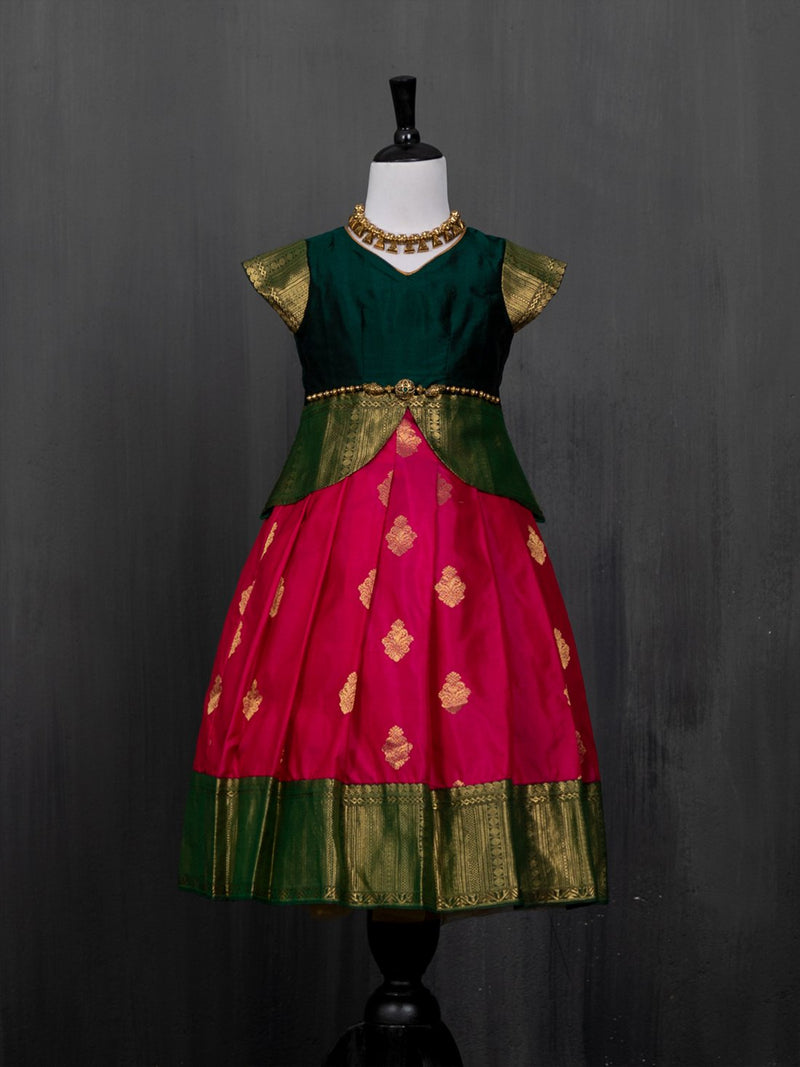 Half Scale Green and Shocking Pink Pattu Pavadai | Kids Clothing