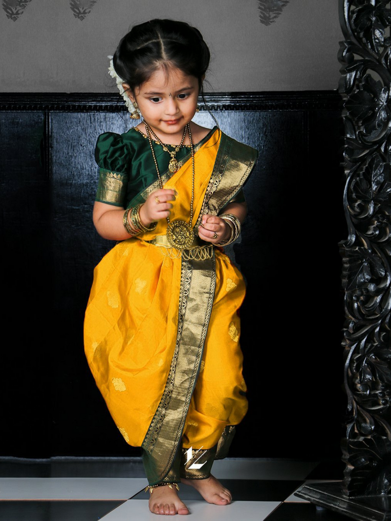 Half Scale Green and Mango Yellow Nauvari Saree | Kids Clothing