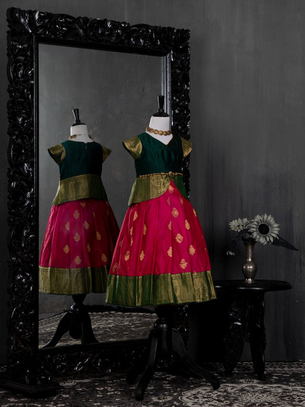Half Scale Green and Shocking Pink Pattu Pavadai | Kids Clothing