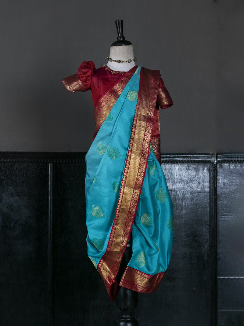 Magenta and Sky blue Nauvari Saree | Kids Clothing