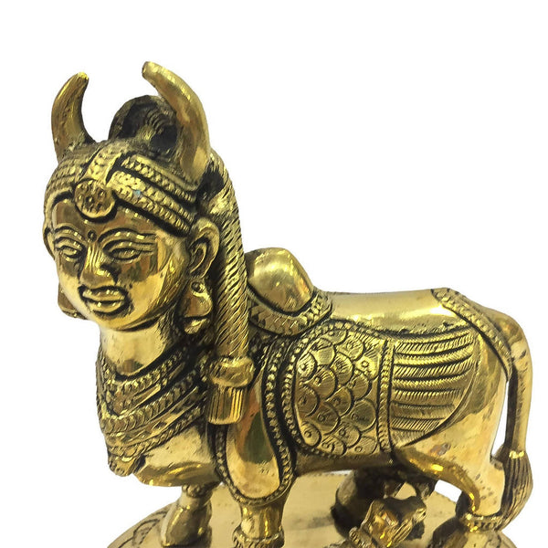 NANDHINI KAMADENU ON FLORAL DAIS WITH CALF BRASS STATUE 6 INCH HEIGHT | Home & Garden