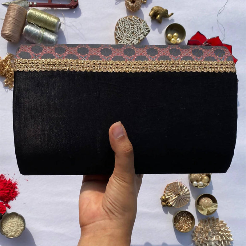 Micro Beaded Clutch- Indian Red Intense Ajrakh X Solid Black Silk 