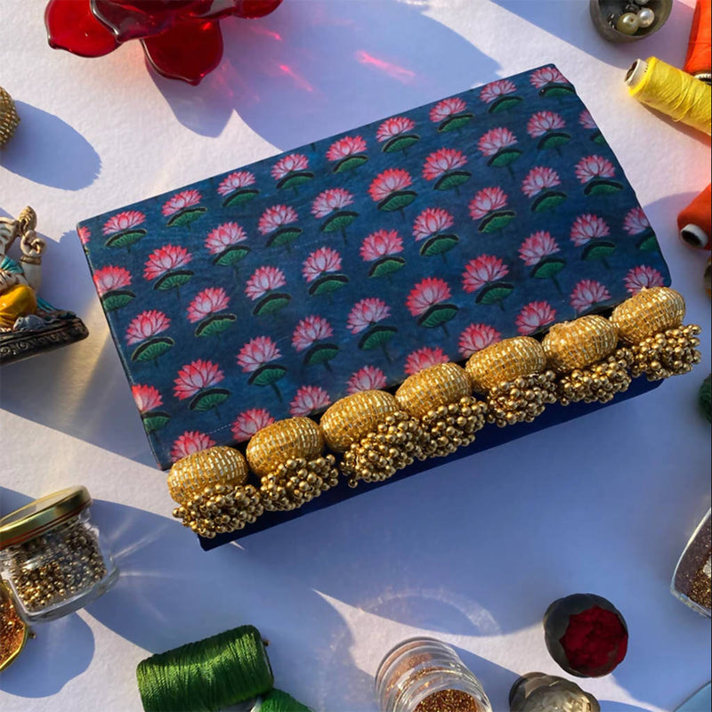 Set of Two: Sylphlike Inflorescence and Idiosyncratic Divine Pichwai Micro Beaded X Solid Silk Clutch 