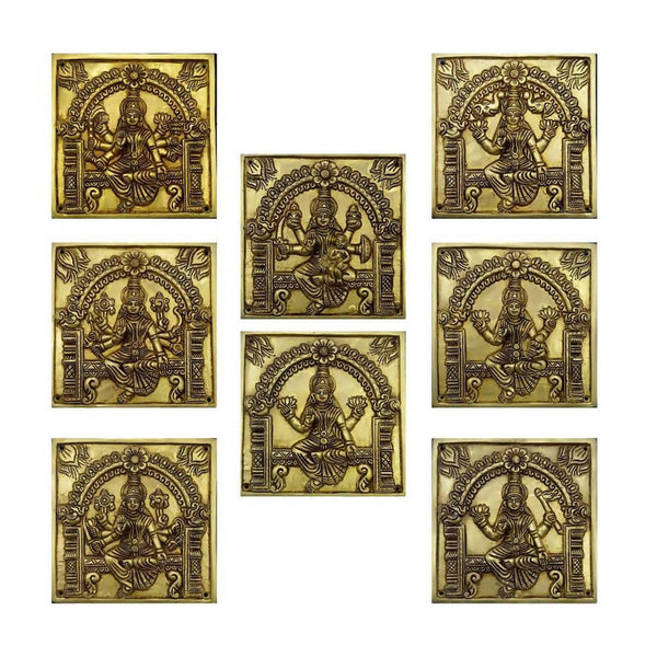 Ashtalakshmi With Prabhavali Engraved Brass Square Plates Set 6 x 6 Inch 