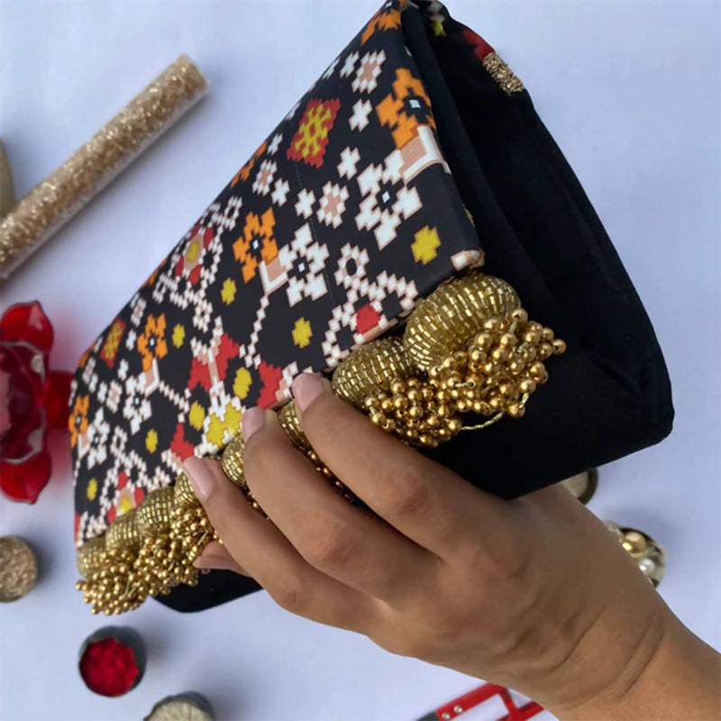 Set of 2 Micro Beaded Clutch- Pink & Black Navratna Patola X Solid Complimenting Silk 