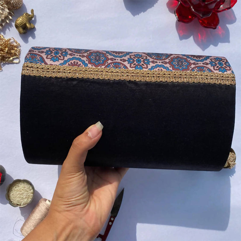 Micro Beaded Clutch- Upended Confluence Intense Ajrakh X Solid Black Silk 