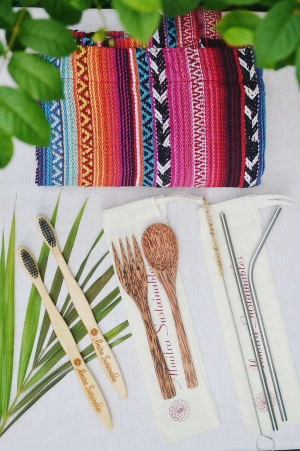 COMBO OF TOTE BAG + BAMBOO TOOTHBRUSH(CHARCOAL INFUSED) + COCONUT CUTLERY SET + STAINLESS STEEL STRAW SET | Home & Garden