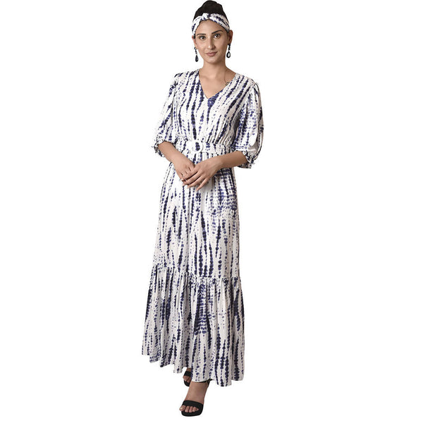 WHITE/BLUE RAYON MAXI DRESS WITH BELT | Dresses